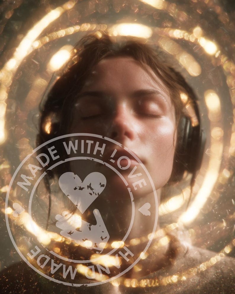 Puede incluir: Una persona con auriculares y los ojos cerrados, rodeada de un efecto de luz dorada borrosa. Un gr&aacute;fico circular con las palabras "MADE WITH LOVE" y un dise&ntilde;o de coraz&oacute;n y mano est&aacute; superpuesto a la imagen.