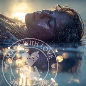 Puede incluir: Un rostro adornado con purpurina flota en el agua, ba&ntilde;ado por la luz del sol. La imagen tiene una cualidad on&iacute;rica y et&eacute;rea, con un enfoque suave y un sello circular que dice "HAND MADE WITH LOVE".