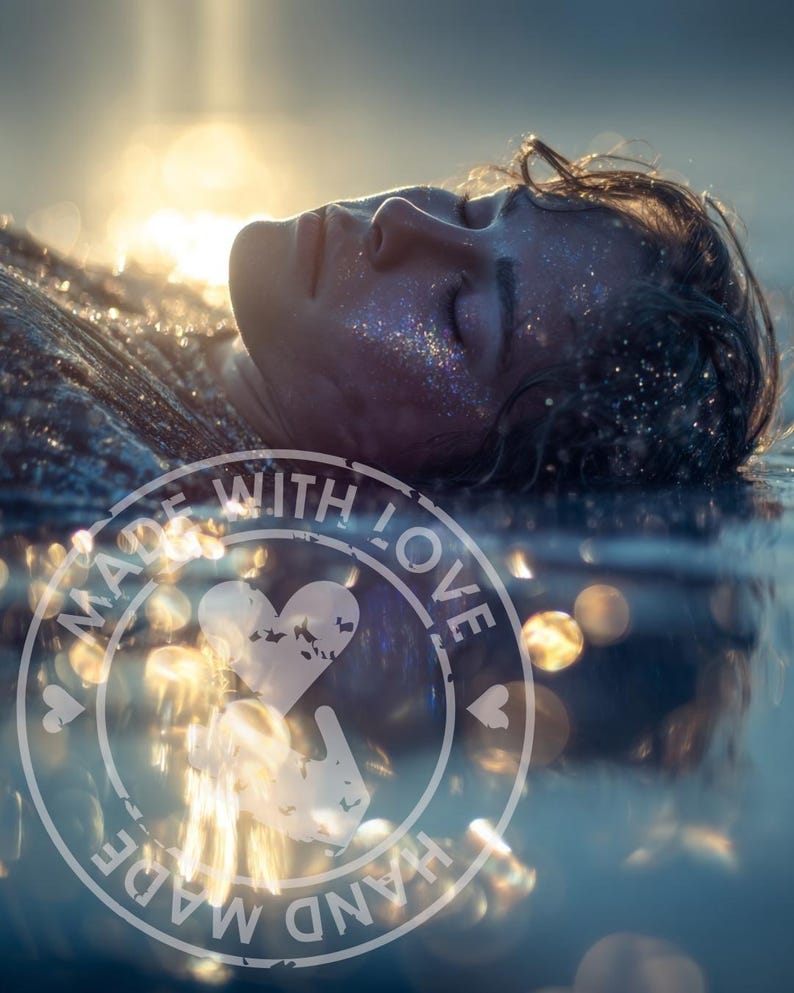 Puede incluir: Un rostro adornado con purpurina flota en el agua, ba&ntilde;ado por la luz del sol. La imagen tiene una cualidad on&iacute;rica y et&eacute;rea, con un enfoque suave y un sello circular que dice "HAND MADE WITH LOVE".