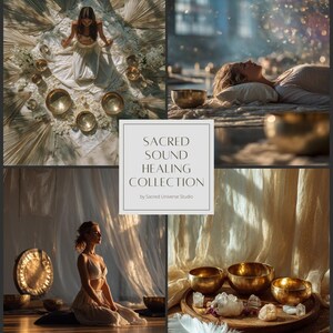 Puede incluir: Un collage de im&aacute;genes que presenta una "Colecci&oacute;n de curaci&oacute;n sonora sagrada". Las im&aacute;genes muestran a personas en entornos serenos con cuencos cantores dorados, cristales y plumas. El texto "Sacred Sound Healing Collection" se muestra en un cuadro blanco.