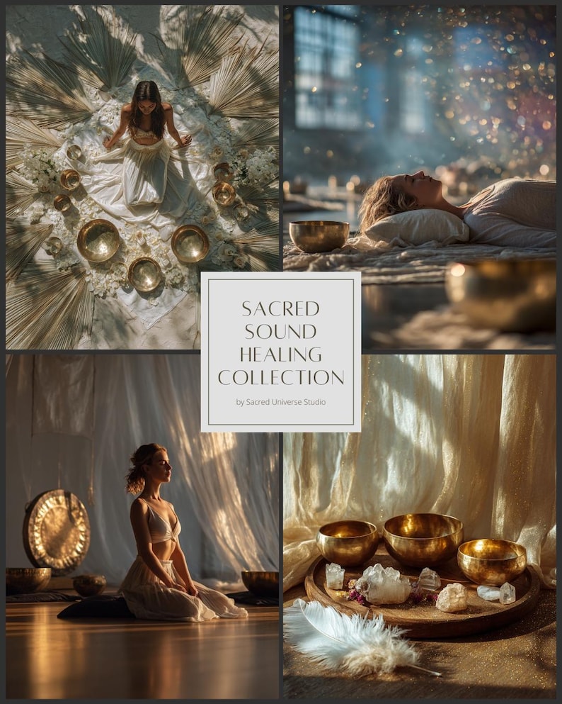 Puede incluir: Un collage de im&aacute;genes que presenta una "Colecci&oacute;n de curaci&oacute;n sonora sagrada". Las im&aacute;genes muestran a personas en entornos serenos con cuencos cantores dorados, cristales y plumas. El texto "Sacred Sound Healing Collection" se muestra en un cuadro blanco.