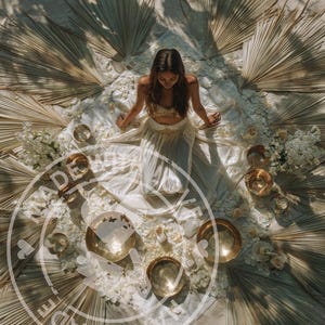 Puede incluir: Vista a&eacute;rea de una persona con top y falda dorados, rodeada de cuencos dorados, flores blancas y hojas de palma. La escena est&aacute; ambientada sobre una tela blanca, con sombras del sol que crean una composici&oacute;n natural y art&iacute;stica.