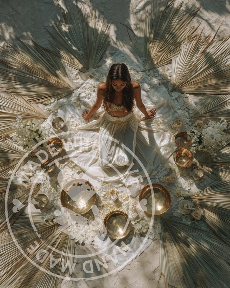 Puede incluir: Vista a&eacute;rea de una persona con top y falda dorados, rodeada de cuencos dorados, flores blancas y hojas de palma. La escena est&aacute; ambientada sobre una tela blanca, con sombras del sol que crean una composici&oacute;n natural y art&iacute;stica.