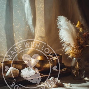 Puede incluir: Naturaleza muerta con cuencos cantores de lat&oacute;n, cristales y flores secas en un jarr&oacute;n. La imagen tiene una luz c&aacute;lida y dorada e incluye el texto "MADE WITH LOVE" y "HAND MADE".