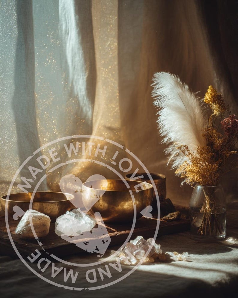 Puede incluir: Naturaleza muerta con cuencos cantores de lat&oacute;n, cristales y flores secas en un jarr&oacute;n. La imagen tiene una luz c&aacute;lida y dorada e incluye el texto "MADE WITH LOVE" y "HAND MADE".