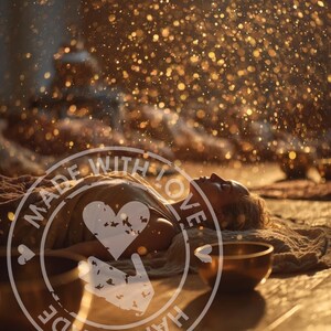 Puede incluir: Una persona acostada con los ojos cerrados, envuelta en una tela de color claro, con una superposici&oacute;n de dise&ntilde;o en forma de coraz&oacute;n. Un cuenco dorado est&aacute; cerca. La imagen est&aacute; ba&ntilde;ada en una c&aacute;lida luz dorada, con part&iacute;culas brillantes.