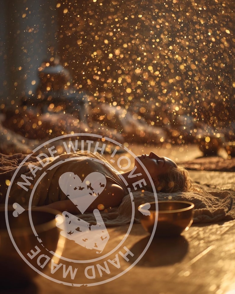 Puede incluir: Una persona acostada con los ojos cerrados, envuelta en una tela de color claro, con una superposici&oacute;n de dise&ntilde;o en forma de coraz&oacute;n. Un cuenco dorado est&aacute; cerca. La imagen est&aacute; ba&ntilde;ada en una c&aacute;lida luz dorada, con part&iacute;culas brillantes.