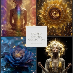 Puede incluir: Un collage con imágenes espirituales. Incluye una figura meditando con símbolos de chakra, un girasol dorado, una flor de loto azul y una mujer con un halo dorado. El texto dice "Sacred Chakra Collection."