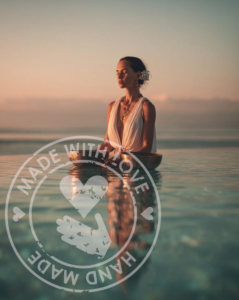 Puede incluir: Una persona con un vestido blanco sentada en el agua, con los ojos cerrados, con una flor en el pelo. Sostiene un cuenco tibetano. La imagen tiene una paleta de colores c&aacute;lidos, con el texto "MADE WITH LOVE HAND MADE" en un sello circular.