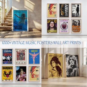 Pósters de música vintage: impresiones artísticas de bandas retro, decoración de pared de rock clásico, regalos musicales de los años 70, 80 y 90, póster de estética bohemia para el hogar o el estudio.