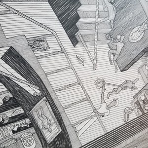 May include: Black and white line drawing of a room with multiple levels and people climbing ladders. The room is filled with various objects, including a book titled "The Helping Friendly", a paper airplane, and a mop.
