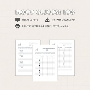 Blutzucker Log&Tracker | Blutzucker-Tagebuch | tägliche, wöchentliche, monatliche Blätter | Bearbeitbares PDF, sofortiger Download