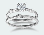 Prong setting round Moissanite twig engagement ring / 14k white gold / organic unique bridal set