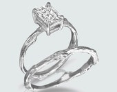 Alternative Emerald shape Forever One Moissanite Twig Bridal Set 14k white gold Rings