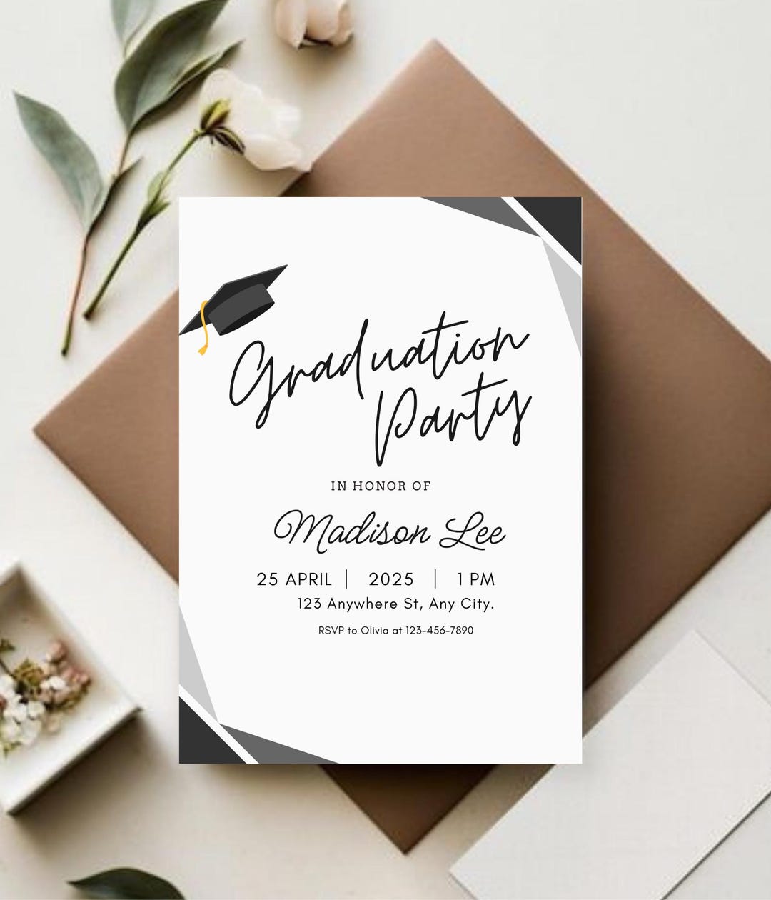 Elegant Graduation Party Invitation Template | Modern Cap & Gown, Class ...