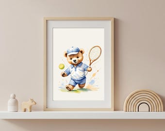 Aquarell-Tennisbär-Druck, Vintage-Sport-Kinderzimmerkunst (Digitaler Download)