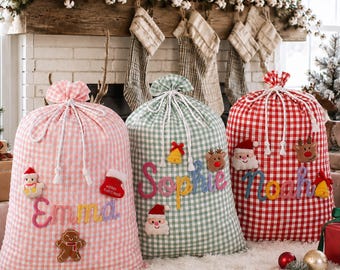 Large Christmas Gift Bag, Personalized Name Sack, Gingham Santa Present Bag, Custom Holiday Storage Bag, Xmas Toy Sack