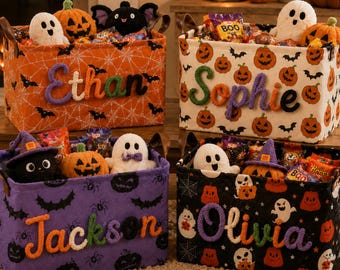 Halloween Storage Basket, Personalized Boo Basket, Custom Name Candy Basket, Kids Trick or Treat Bag, Spooky Basket Gift