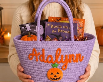 Custom Halloween Rope Basket: Personalized Trick or Treat Candy Tote Bag