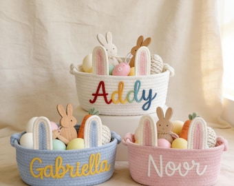Personalized Easter Basket for Kids, Handmade Cotton Rope Bunny Basket with Name, Easter Egg Hunt Basket