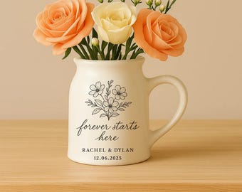 Custom Wedding Vases, Personalized Engagement Ceramic Flower Mugs, Bridesmaid Gifts, Wedding Gifts, Couples Gifts, Newlyweds Gifts