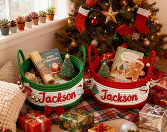 Personalized Christmas Rope Basket with Name | Custom Holiday Gift Bin | Family Storage Basket | Santa Reindeer Decor | Xmas 2025 Gift