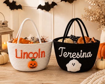 Custom Name Halloween Candy Bag | Spooky Yarn Basket for Children