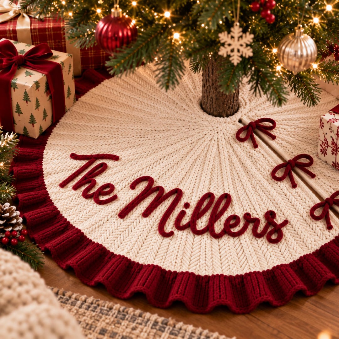 Personalized Christmas Tree Skirt, Custom Name Knit Tree Skirt, Family Christmas Decor, Handmade Holiday Tree Decoration, Christmas Keepsake