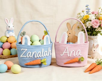 Custom Name Easter Basket, Cotton Rope Bunny Basket for Egg Hunt