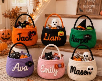 Custom Halloween Candy Basket with Name / Embroidered Pumpkin Trick or Treat Bag / Personalized Kids Candy Bucket for School Party & Event