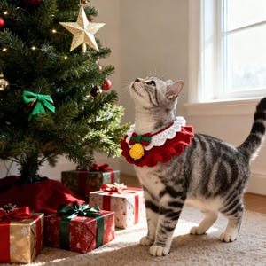 Könnte beinhalten: Eine graue getigerte Katze mit einem rot-weiß-gelben gehäkelten Kragen mit einer Glocke, die neben einem geschmückten Weihnachtsbaum steht. Geschenke, verpackt in festlichem Papier, befinden sich am Fuß des Baumes und schaffen eine festliche Szene.
