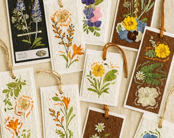 Può includere: Una collezione di segnalibri fatti a mano con fiori pressati. Ogni segnalibro presenta un design unico con varie composizioni floreali in tonalità rosa, giallo, arancione, blu e bianco. Alcuni segnalibri hanno uno sfondo marrone o nero e tutti hanno un cordino per appenderli.