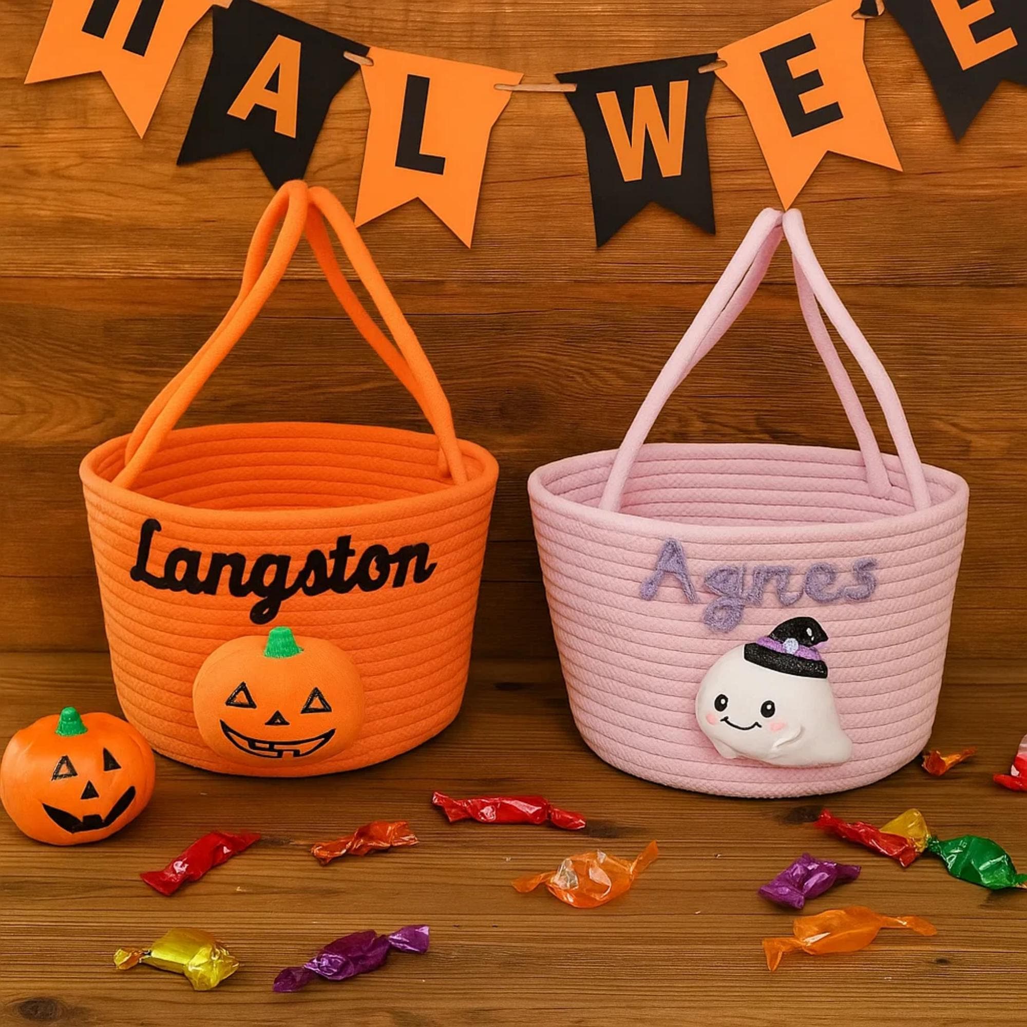 Custom Trick or Treat Basket with Name/Personalized Halloween Candy Bucket / Soft Rope Halloween Tote / Treat Bag Gift/Halloween gifts