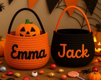 Personalized Halloween Trick or Treat Basket / Custom Embroidered Pumpkin Candy Bag with Name / Kids Candy Bucket for Halloween Night Party