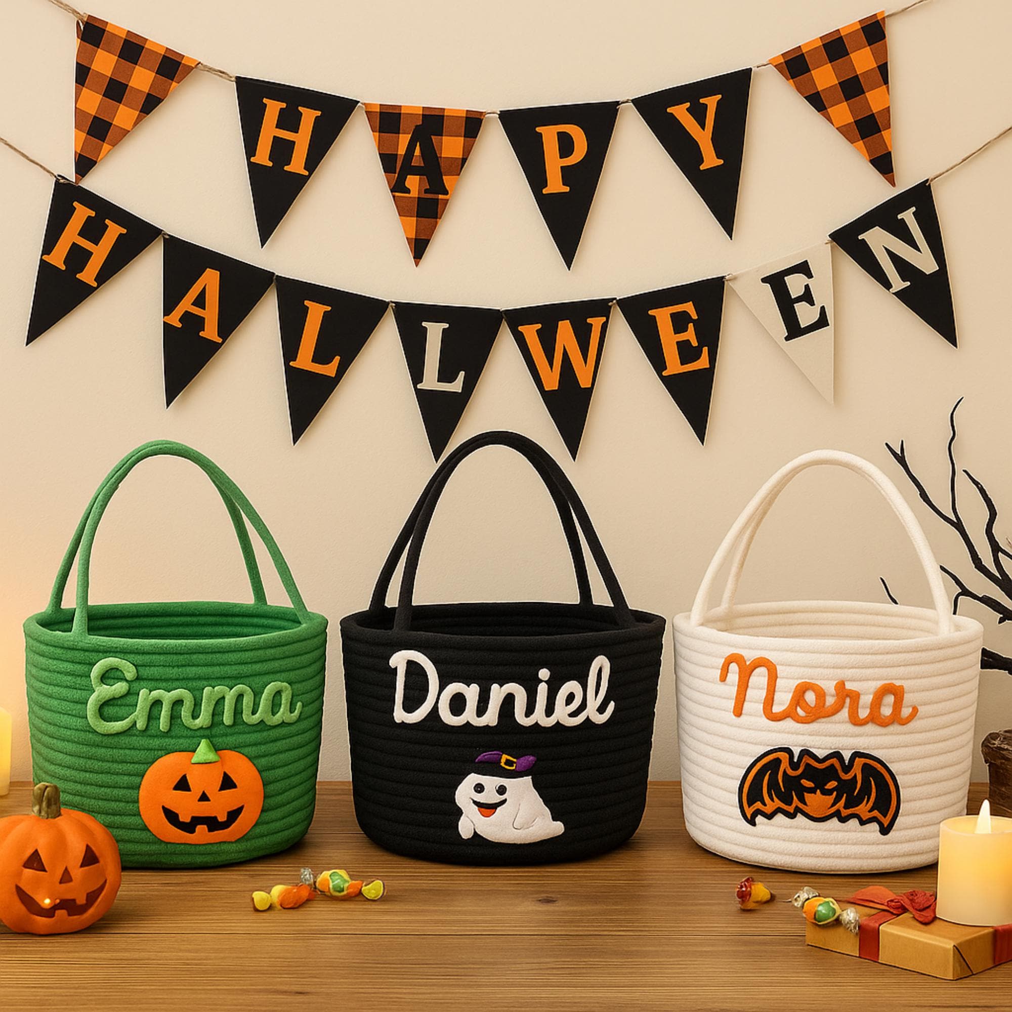 Custom Trick or Treat Basket with Name/Personalized Halloween Candy Bucket / Soft Rope Halloween Tote / Treat Bag Gift/Halloween gifts