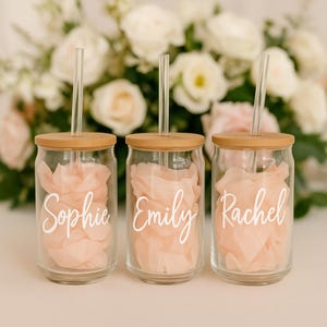Custom Birth Flower Glass Cup / Personalized Name Iced Coffee Cup / Bamboo Lid Curved Glass Straw / 16oz Gift for Her / Birthday Gift