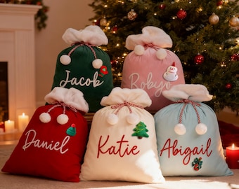 Personalized Christmas Sack / Custom Name Embroidered Gift Bag / 8 Colors Holiday Santa Bag / Handmade Polyester Xmas Gift for Family