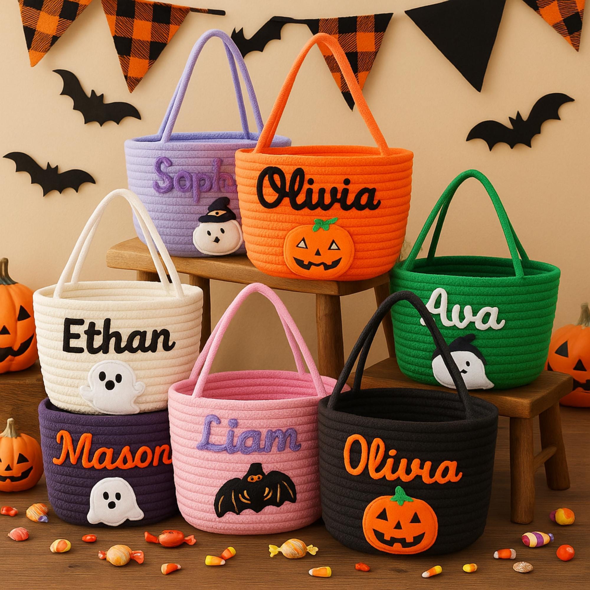 Custom Trick or Treat Basket with Name/Personalized Halloween Candy Bucket / Soft Rope Halloween Tote / Treat Bag Gift/Halloween gifts