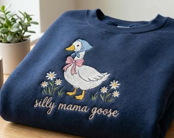Embroidered One Silly Goose Mom Sweatshirt, Custom Mama Goose Crewneck, Pregnancy Reveal Outfit, Baby Announcement Gift