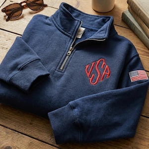 Custom Initials Monogram Embroidered Quarter Zip Sweater, USA Sleeve Unisex Navy Freedom Cotton Pullover