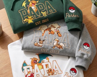 Chemise brodée PokaPapa personnalisée, sweat-shirt personnalisé pour papa anime, sweat à capuche bête avec poche, cadeau fête des pères