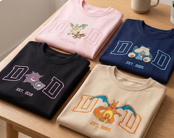 Chemise brodée PokaDad personnalisée, sweat-shirt personnalisé pour papa anime, cadeau de fête des pères bête de poche pour papa et joueurs