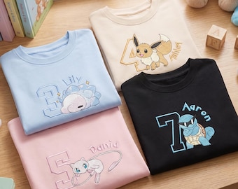 Personalized Poke Birthday Embroidered Sweatshirt, Custom Name Age Shirt, Family Matching PKM Birthday Gift