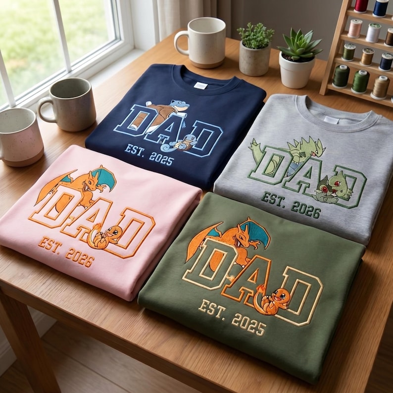 May include: Four crewneck sweatshirts in navy, light gray, light pink, and olive green. Each features embroidered text DAD with a year and a cartoon character. The navy shirt says DAD EST. 2025, gray says DAD EST. 2026, pink says DAD EST. 2026, and olive says DAD EST. 2025.