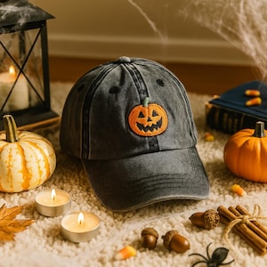 Jack-o-lantern Pumpkin Embroidered Vintage Hat, Halloween Embroidered Hat, Halloween Gift, Spooky Season, Vintage Dad Cap, Gift for Her