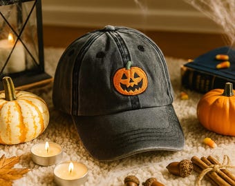 Czapka vintage z haftowaną dynią Jack-o-lantern, czapka z haftem na Halloween, prezent na Halloween, upiorny sezon, czapka vintage dla taty, prezent dla niej