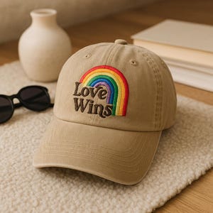 May include: A beige baseball cap featuring a rainbow and the embroidered text "Love Wins". The cap has a curved peak and a button on top. Sunglasses and a vase are visible in the background.