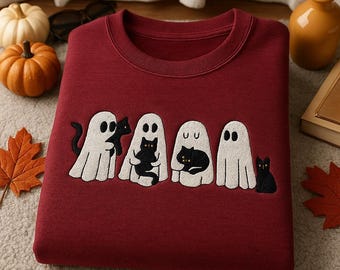 Embroidered Ghost Cat Sweatshirt, Halloween Sweatshirt, Fall Sweatshirt for Women, Funny Halloween Shirt, Embroidered Halloween Shirt
