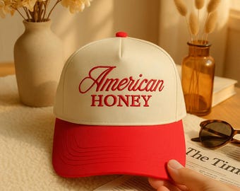 American Honey Embroidered Trucker Hat, Memorial Girly Embroidered Hat, 4th Of July Cap, Vintage Trucker Hat Gift for Patriotic Lover