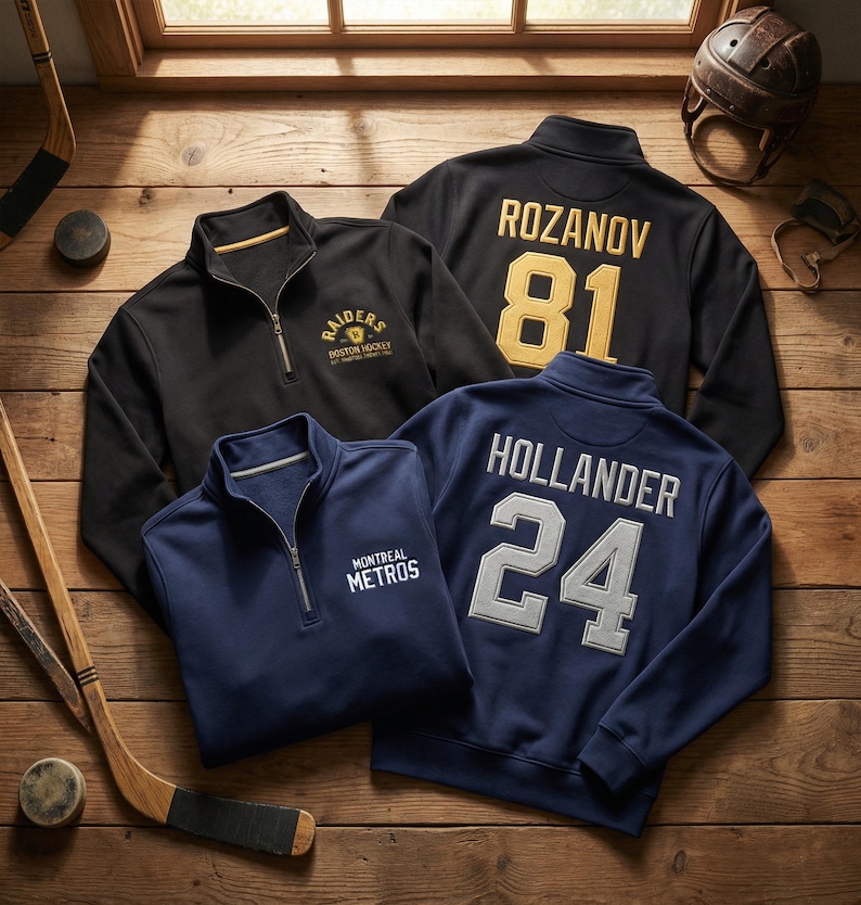 May include: Four quarter-zip pullovers in black and navy blue, with hockey-themed logos and player names and numbers. The black pullovers feature "Raiders" and "Rozanov 81". The navy blue pullovers display "Montreal Metros" and "Hollander 24". Hockey sticks and a helmet are in the background.